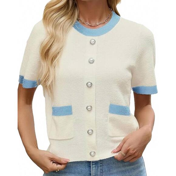URBAN REVIVO Sweaters - NEW URBAN REVIVO short sleeve crewneck cardigan in cream/blue